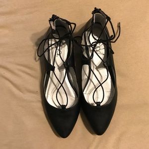 Black pointed toe laced flats
